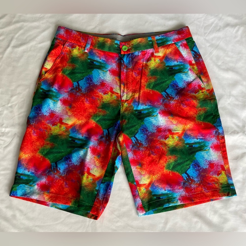 Hreski Crazy Paint Splatter Golf Shorts Men’s  Sz 34  Vibrant Multicolor
